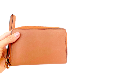 A photo of a small brown wallet