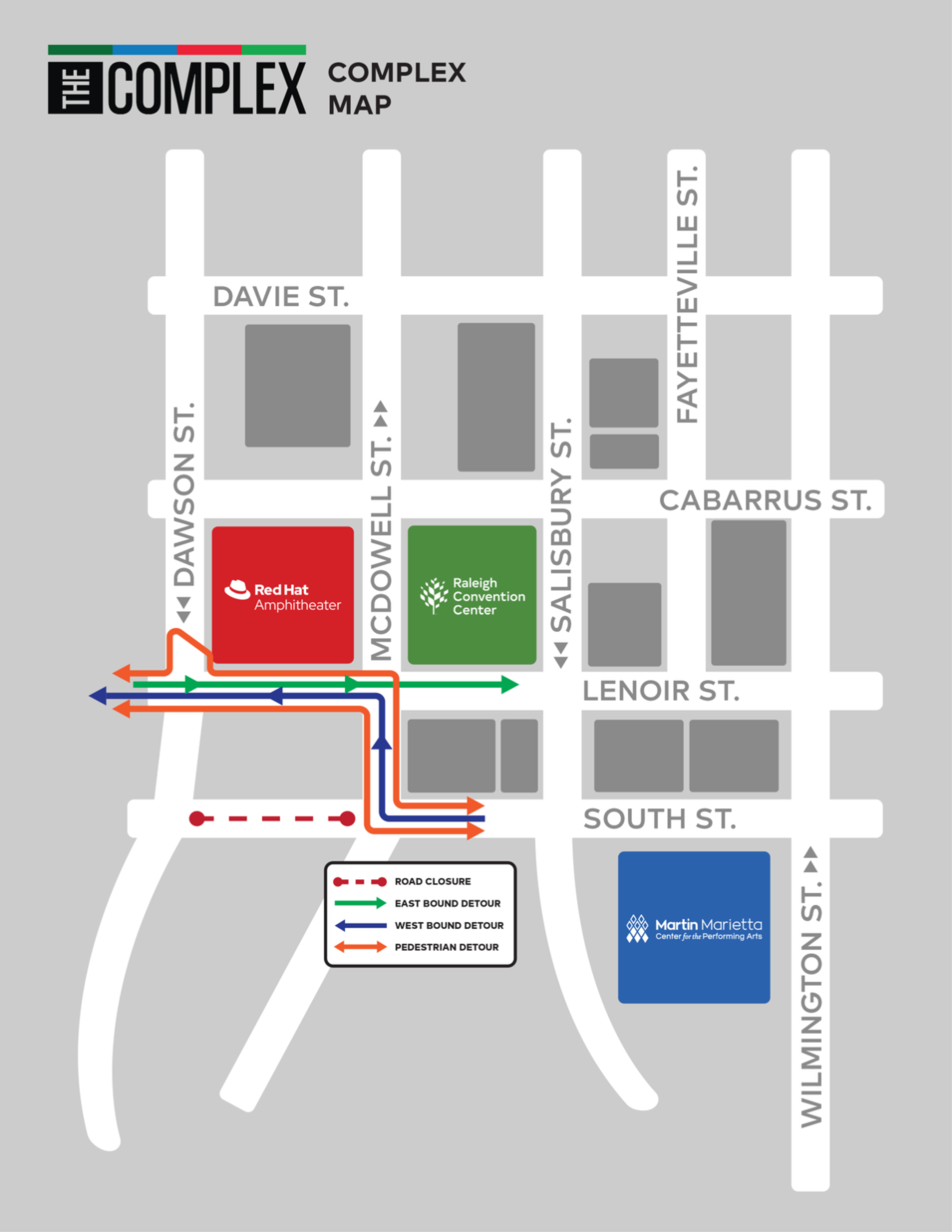 A map of Downtown Raleigh there are specific call outs to the location of Martin Marietta Center for the performing arts, Raleigh Convention Center, and red hat amphitheater