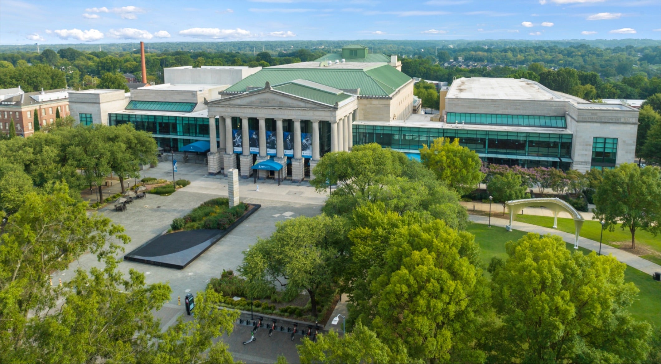 Aerial shot of Lichtin Plaza outside the Martin Marietta Center for the Performing Arts.