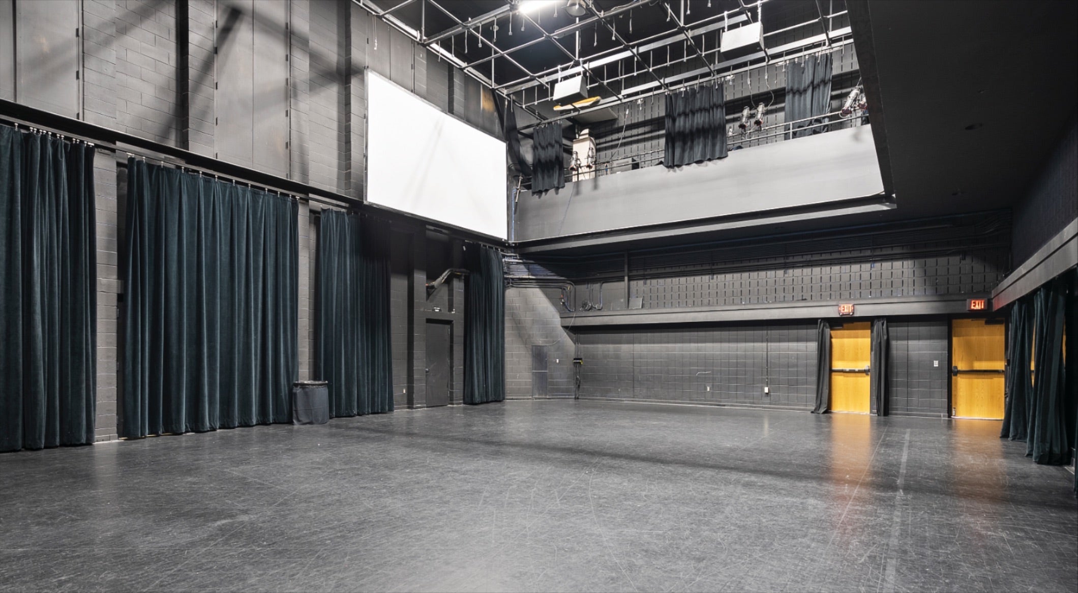 Interior view of Kennedy Theatre showing the black box theater space cleared out.
