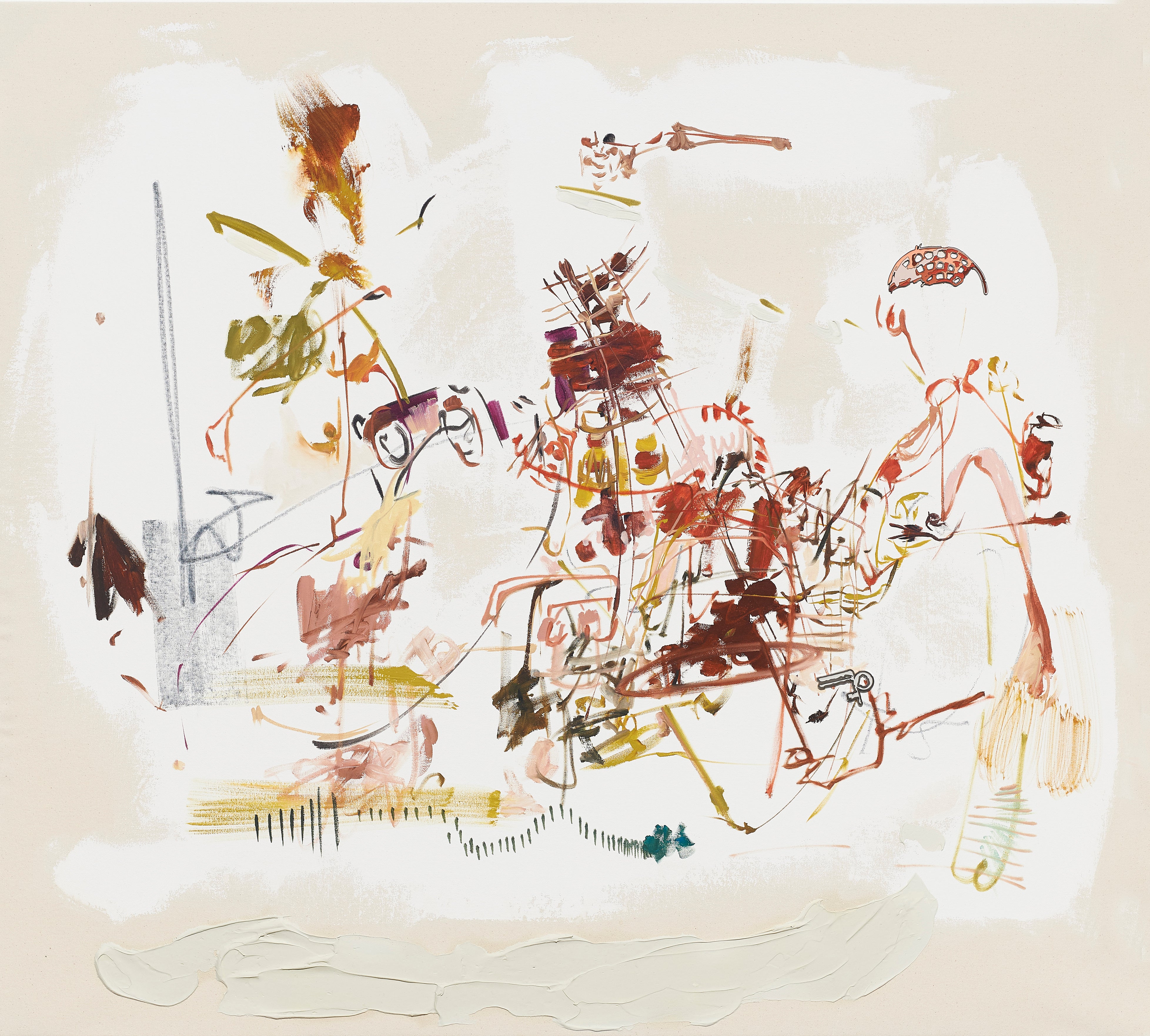 A mixed media collage in the abstract expressionist style combines gestural painting, drawing on canvas, and objects such as enameled pins and embroidery. The gestural marks and objects float within a beige format - there is no cropping. A lighter halo pushes the beige ground, separating the "figure" from the ground.