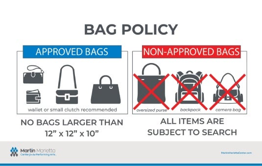 A graphic showing the bag policy on the left has approved bags icons and states no bags larger than 12&quot; x 12&quot; x 12&quot; on the right it shows icons of non approved bags and states all items are subject to search