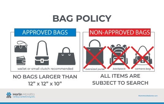 A graphic showing the bag policy on the left has approved bags icons and states no bags larger than 12&quot; x 12&quot; x 12&quot; on the right it shows icons of non approved bags and states all items are subject to search