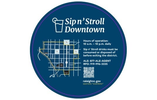 Sip N' Stroll graphic showing a map of Downtown Raleigh streets
