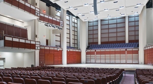 Interior view of Meymandi Concert Hall with stage and floor seating pictured. 