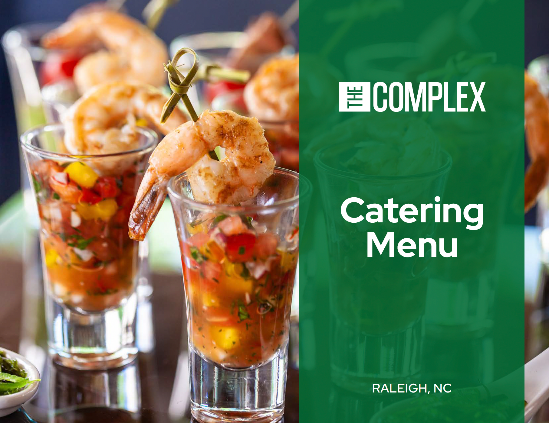 A photo of shrimp cocktail in a glass the text the complex catering menu is on the right over a green background