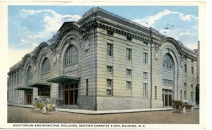 Postcard picturing the outside of the City Auditorium in Raleigh, NC from 1913.