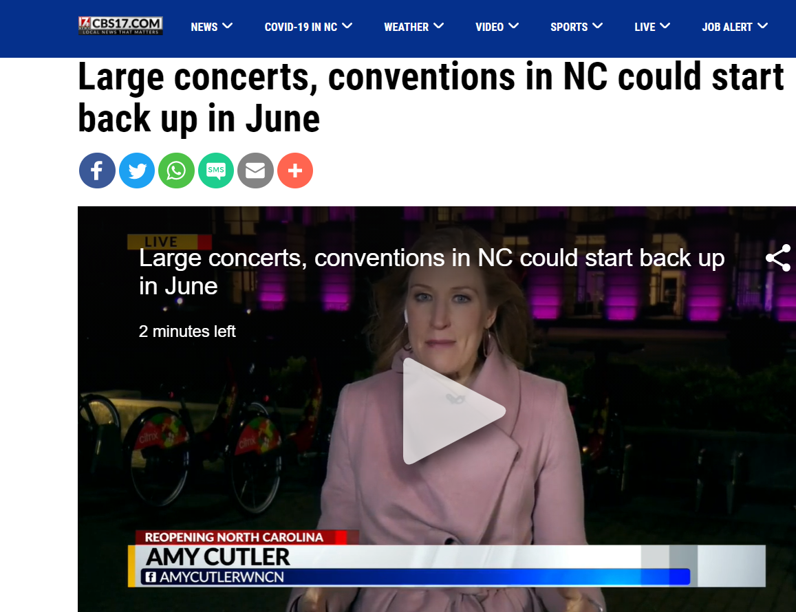 A screenshot of the cbs17.com news page showing a photo at the top of a female report in front of the raleigh memorial auditorium with purple lights on below that is additional text
