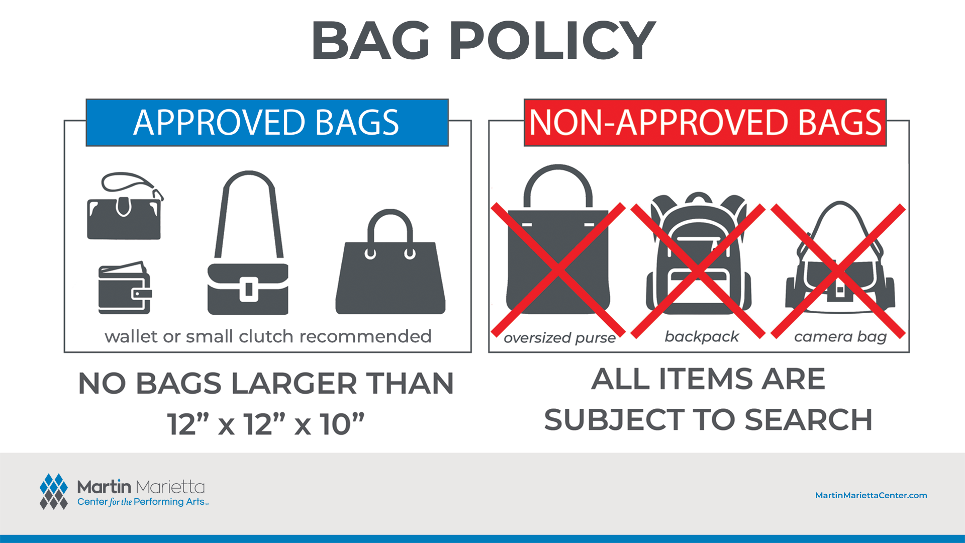 an image of the bag policy with approved and non approved icons of bags