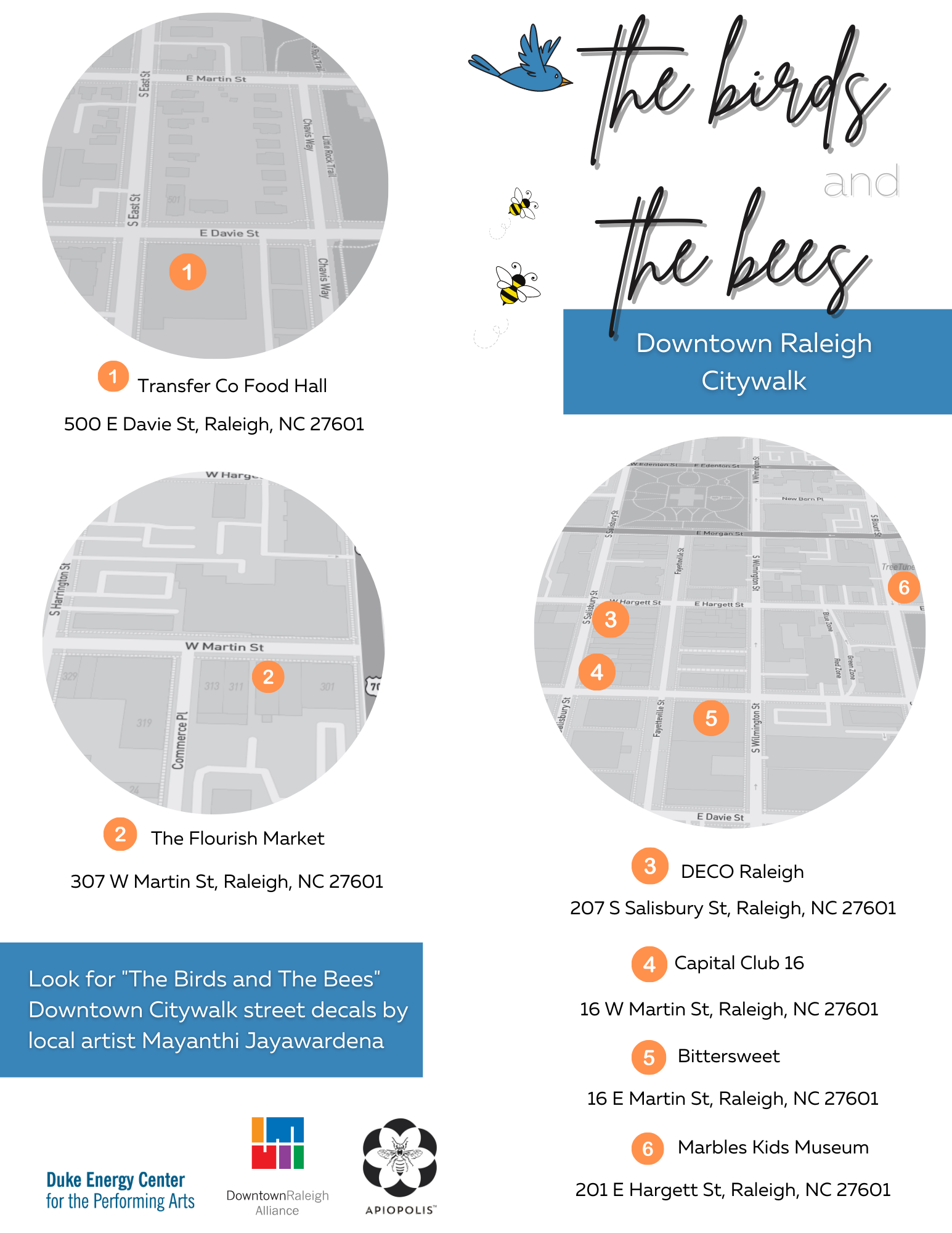 An image of maps of downtown raleigh with the words the birds and the bees downtown raleigh citywalk at the top right. there is a blue bird to the left of the text and two bees below the bird