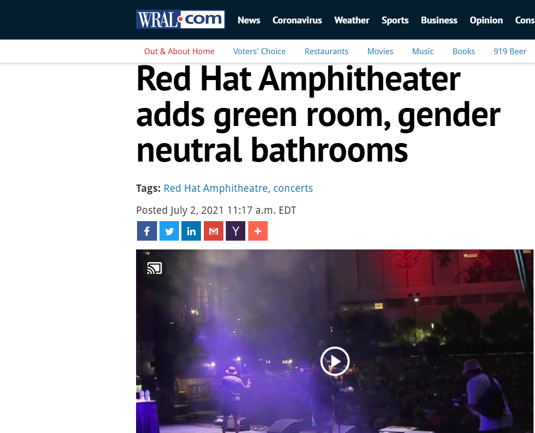 A photo of wral.com with the headline  Red Hat Amphitheater adds green room, gender neutral bathrooms