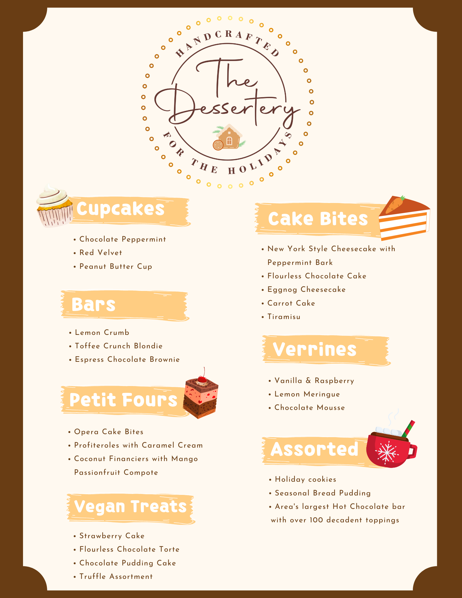 a menu of the dessertery food items