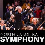 Image of a conductor standing and conducting over the symphony.