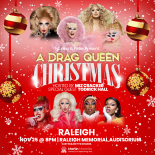 Red background with snow featuring 8 drag queen performers