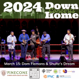 Graphic with "2024 Down Home" and photo of Dom Flemons band onstage