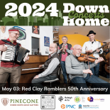 Graphic with "2024 Down Home" and photo of Red Clay Ramblers around piano