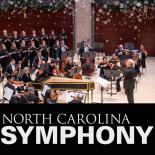 Photo of conductor, orchestra, and choir with snowflake overlay graphic