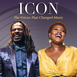 Design with text saying "ICON" and photos of man and woman