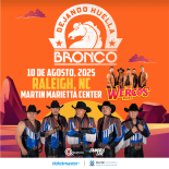Concert poster for Bronco's "Dejando Huella" tour with The Weroos Band on August 10, 2025, in Raleigh, NC, at the Martin Marietta Center. The design features a western theme with band images and sponsor logos.