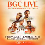 Promotional artwork for “BGC Live: The Sound of Generations” featuring portraits of gospel artists Tramaine Hawkins, Jonathan McReynolds, Tasha Page-Lockhart, Lisa Page Brooks, and Melvin Crispell III, with special guests The Group Fire. The design has a warm orange gradient background.