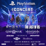 promotional poster for “PlayStation: The Concert” featuring dramatic lighting and concert stage visuals, with characters from popular PlayStation games like Ghost of Tsushima, God of War, The Last of Us, Horizon, and Uncharted in the center; game titles like Astro Bot, Journey, Helldivers, and Bloodborne are listed below, with event details “March 11 – Raleigh Memorial Auditorium”