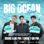 Promotional poster for the K-pop group BIG OCEAN's live show in Raleigh, featuring three male members posing in front of a blue ocean background.