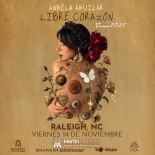 Promotional poster for Ángela Aguilar’s "Libre Corazón Tour 2025," featuring her back adorned with artistic floral and symbolic elements; concert in Raleigh, NC on Friday, November 14.
