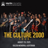 Group photo of musicians dressed in black, holding instruments, with text promoting “The Culture 2000 Tour” on August 29, 2025, at Raleigh Memorial Auditorium.