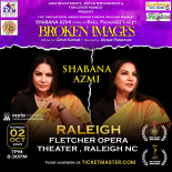 Background features a torn paper effect in the center, dividing two mirrored images of Shabana Azmi against a black backdrop, with a purple banner at the top.