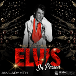 Black background decorated with scattered gold and red jeweled designs resembling vintage patterns and starbursts with Matt Stone in white pantsuit Elvis costume singing into a mic.