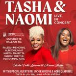 Promotional poster for Tasha Cobbs Leonard and Naomi Raine live in concert with a red textured fabric background with subtle wave-like folds.