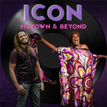 Design with text saying "ICON" and photos of man and woman