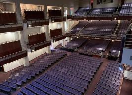 A view  from the upper balcony boxes of Meymandi Concert Hall's orchestra and balcony levels with our new purple seats