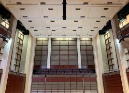 A view looking up at the stage of the Meymandi Concert Hall showing the new Canopy on the ceiling