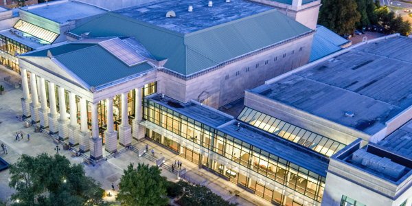 an exterior drone photo of the Martin Marietta Center for the Performing Arts