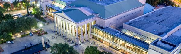 An aerial view of the front of the Martin Marietta Center for the Performing Arts