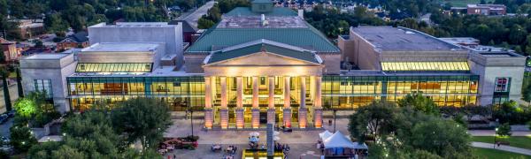 An aerial view of the front of the Martin Marietta Center for the Performing Arts