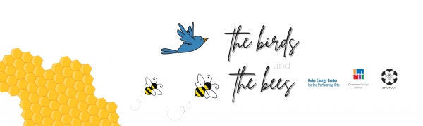 artwork showing two blue birds in the top left and two bees just below that with the words the birds and the bees in the top right